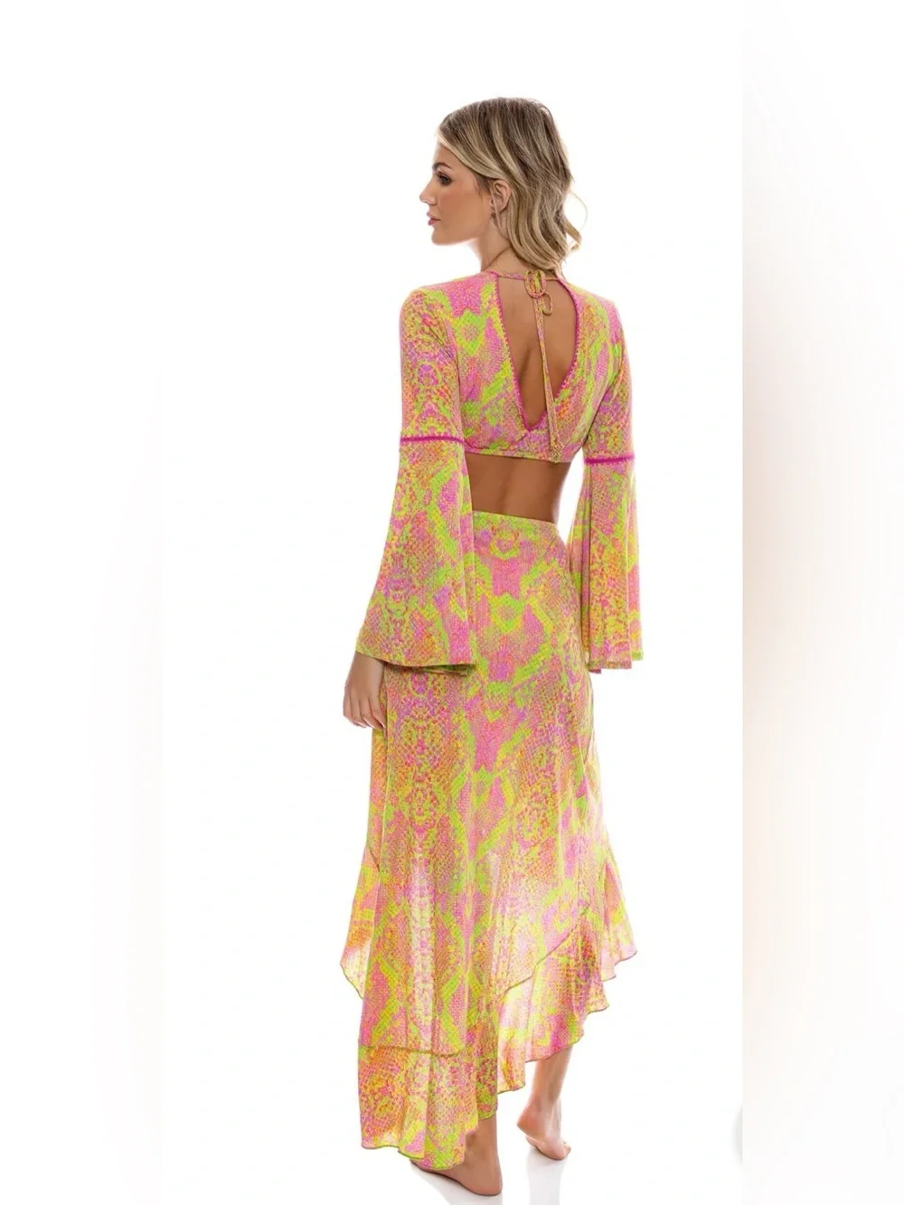 Luli Fama‎ Pink & Lime Born to Be Wild Tie-Front Two-Piece Cover-Up Set Small